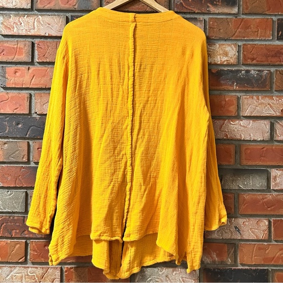 ABACÁ Crinkle Cotton Gauze Mustard Yellow Tunic Top Boho Oversized Button Front - Picture 7 of 7